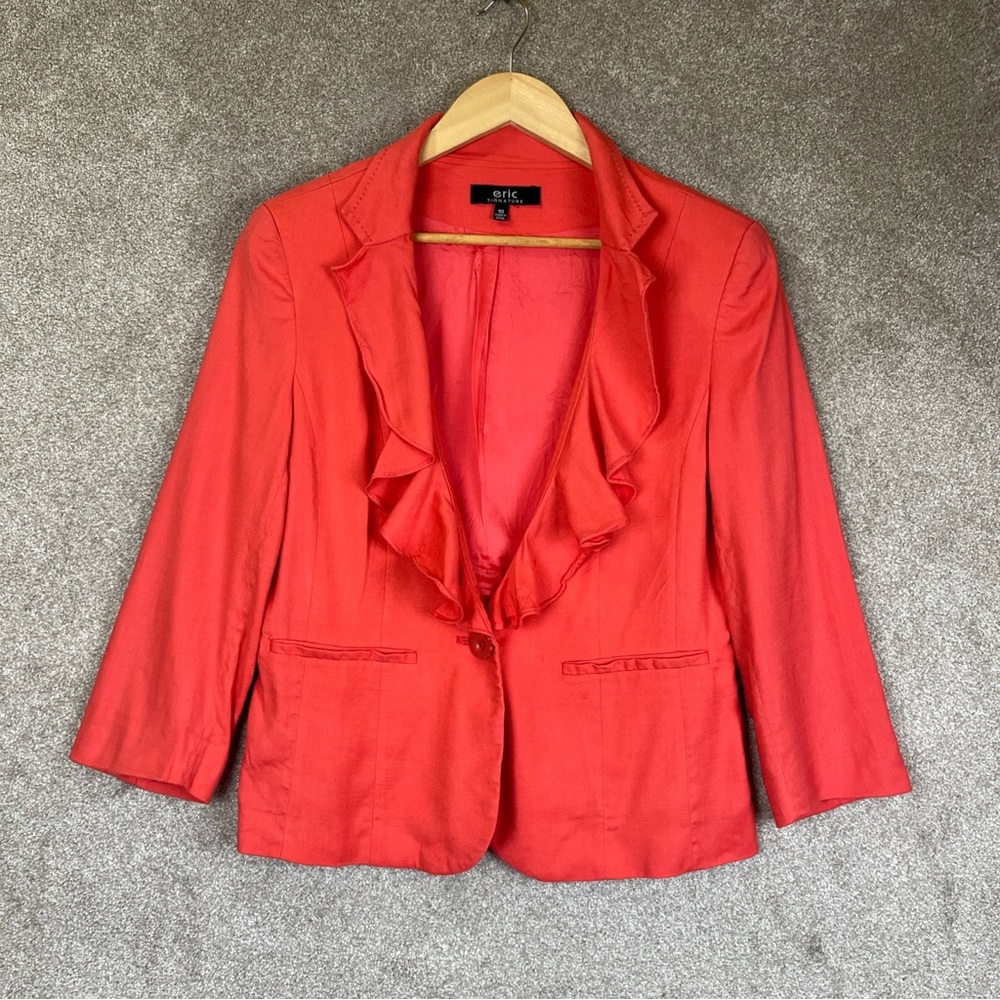 Eric Signature Jacket Womens 10 Linen Blend Button Lined Ruffle Blazer- 2867*